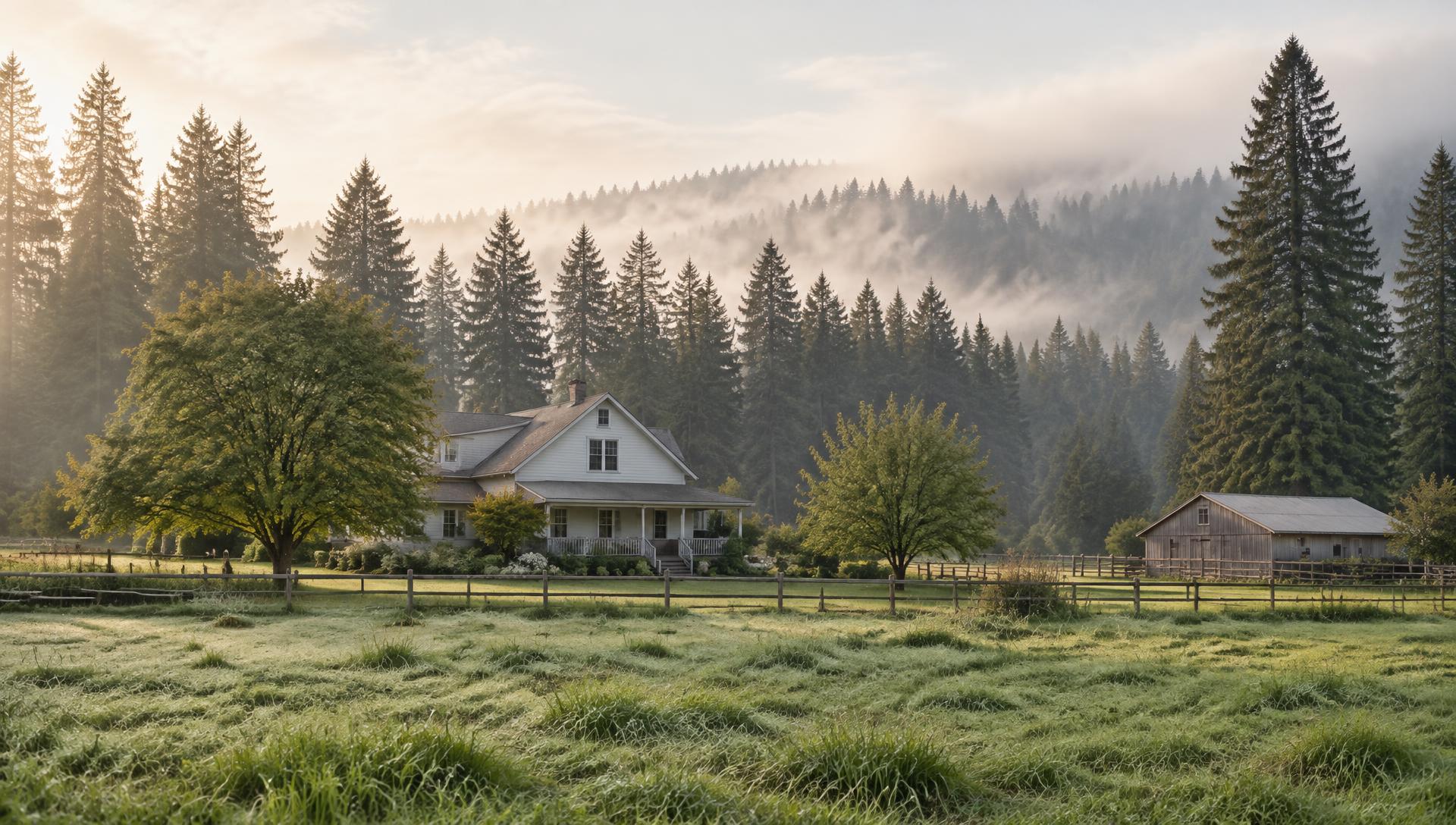 A rural Pacific Northwest home on acreage with fir treeline in morning mist